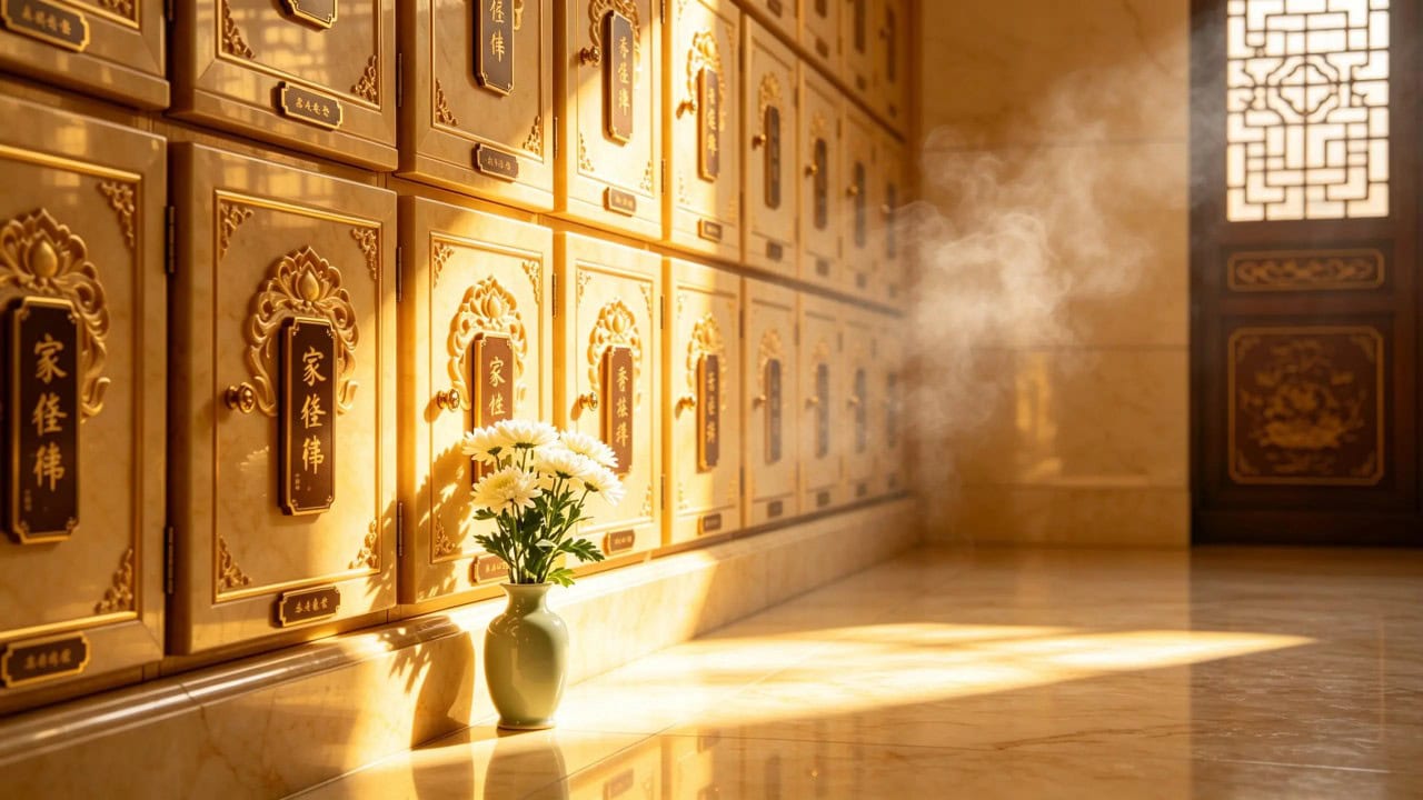 Peaceful Singapore Buddhist columbarium hall with soft lighting and traditional incense offerings, symbolising the choice between cremation and burial
