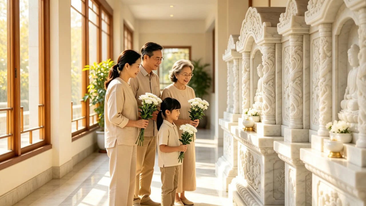 Family visiting Nirvana Memorial Garden (富贵山庄) columbarium Singapore, praying respectfully at niche