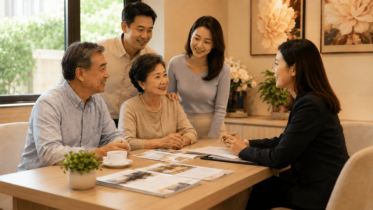 Singapore family meeting a Nirvana Memorial Garden consultant for funeral pre-planning, seated in a warm sunlit consultation room with fresh flowers and tea on a light-wood table