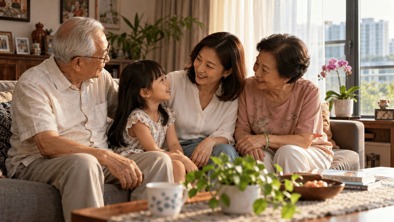 A family having a warm, meaningful conversation about life planning at home in Singapore, soft natural light