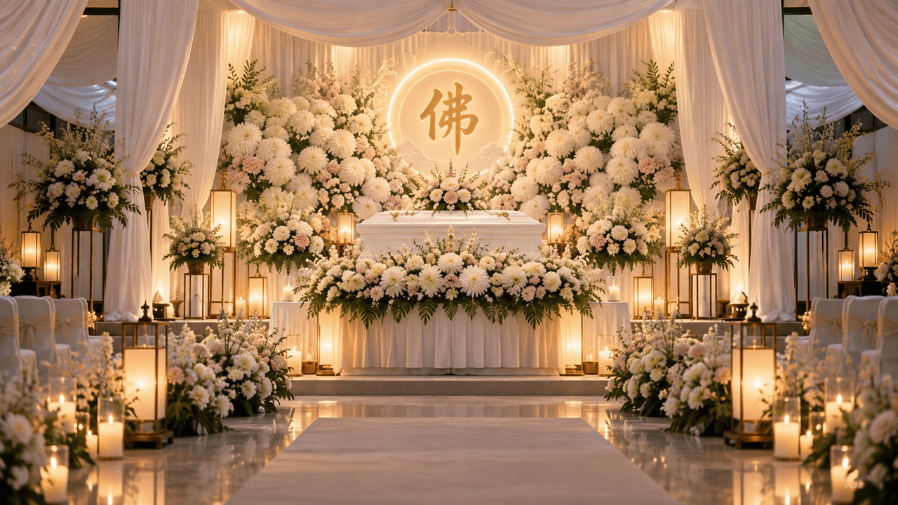 A Buddhist funeral wake setup in Singapore with white floral arrangements, an altar, and soft candlelight